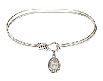 Saint Catherine of Alexandria Sterling Silver Charm on a 7 inch Oval Eye Hook Rhodium Bangle Bracelet