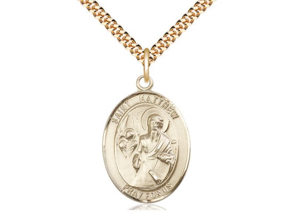 St Matthew the Apostle Pendant on a 24 Inch Gold Plated Heavy Curb