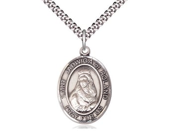 St Jadwiga of Poland Sterling Silver Pendant on a 24 inch Light Rhodium Heavy Curb Chain.