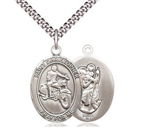 St Christopher Motorcycle Sterling Silver Pendant on a 24 inch Light Rhodium Heavy Curb Chain.