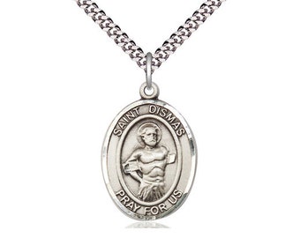 St Dismas Sterling Silver Pendant on a 24 inch Light Rhodium Heavy Curb Chain.