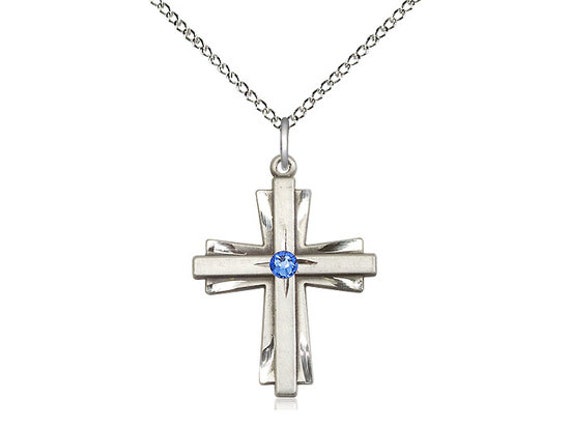 Sterling Silver Cross Pendant With a 3mm Sapphire Swarovski