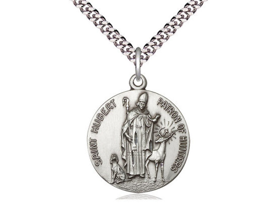 St Hubert of Liege Sterling Silver Pendant on a 24 Inch Light Rhodium ...