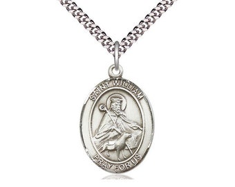 St William of Rochester Sterling Silver Pendant on a 24 inch Light Rhodium Heavy Curb Chain.