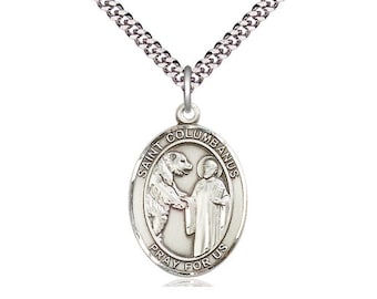 St Columbanus Sterling Silver Pendant on a 24 inch Light Rhodium Heavy Curb Chain.