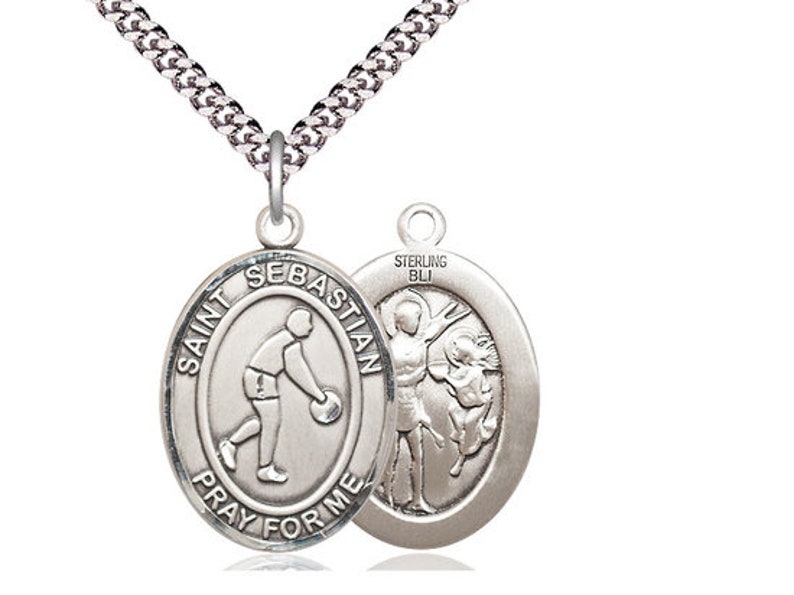 St Sebastian Basketball Sterling Silver Pendant on a 24 Inch Light ...