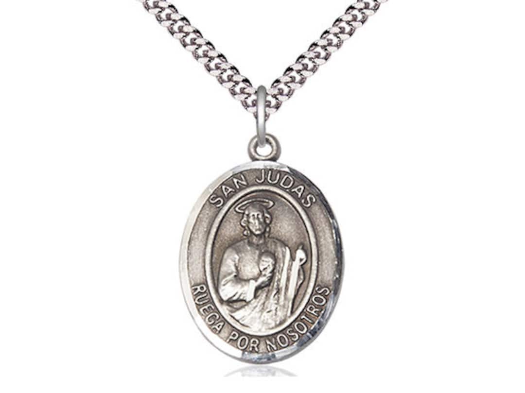 San Judas Sterling Silver Pendant on a 24 Inch Light Rhodium Heavy Curb ...