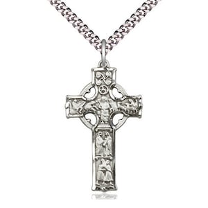 Sterling Silver Celtic Cross Pendant on a 24 inch Light Rhodium Heavy Curb Chain.