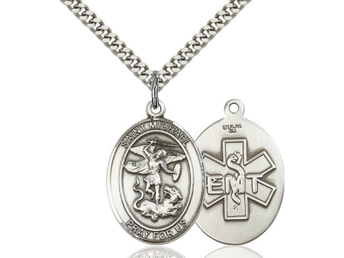 St Michael EMT Sterling Silver Pendant on a 24 Inch Light Rhodium Heavy ...