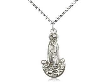 Our Lady of Fatima Sterling Silver Pendant on a 18 inch Sterling Silver Light Curb Chain.