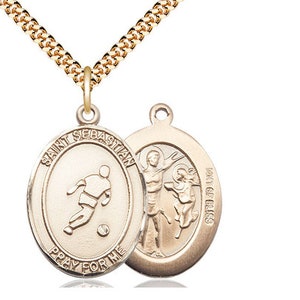 St Sebastian Soccer  Pendant on a 24 inch Gold Plate Heavy Curb Chain.