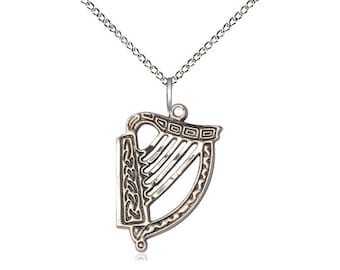 Irish Harp Sterling Silver Pendant  on a 18 inch Sterling Silver Light Curb Chain.