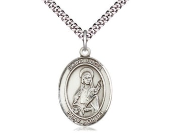 St Lucia of Syracuse Sterling Silver Pendant on a 24 inch Light Rhodium Heavy Curb Chain.