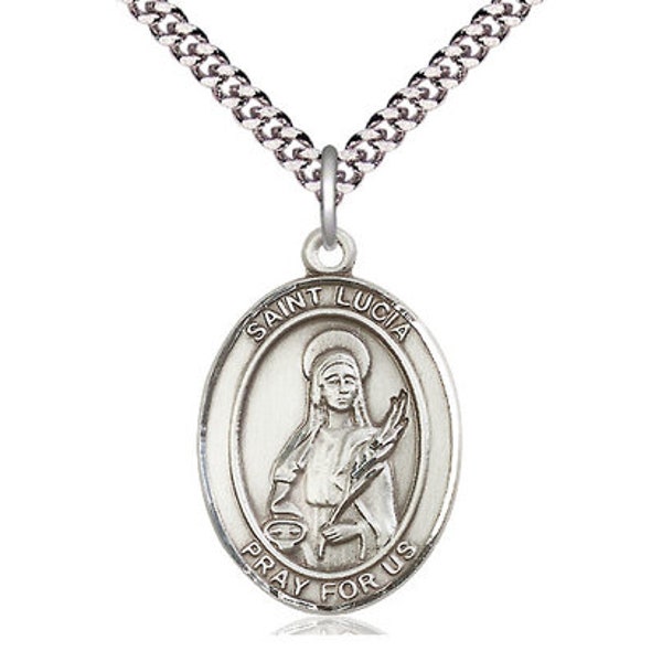 St Lucia of Syracuse Sterling Silver Pendant on a 24 inch Light Rhodium Heavy Curb Chain.