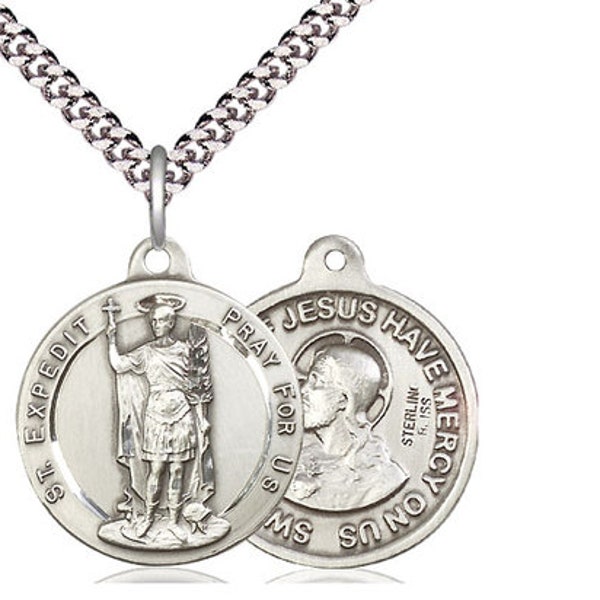 Saint Expedit / Sacred Heart of Jesus Sterling Silver Pendant on a 24 inch Light Rhodium Heavy Curb Chain.