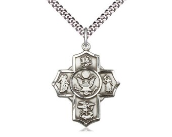 5-Way Army Sterling Silver Pendant  on a 24 inch Light Rhodium Heavy Curb Chain.