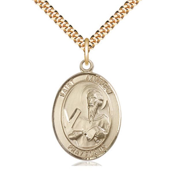 St Andrew the Apostle 14kt Gold Filled Pendant on a 24 inch Light Rhodium Heavy Curb Chain.