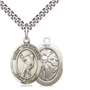 St Sebastian Lacrosse Sterling Silver Pendant on a 24 inch Light Rhodium Heavy Curb Chain.