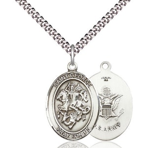 St George Army Sterling Silver Pendentif sur une chaîne de bordure lourde rhodium léger de 24 pouces.