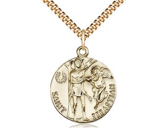 St Sebastian 14kt Gold Filled Pendant on a 24 inch Gold Plate Heavy Curb Chain.