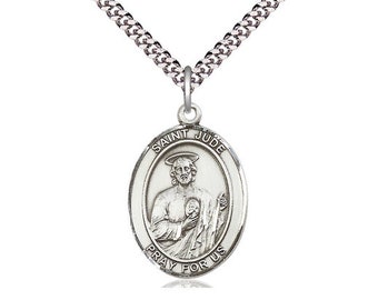 St Jude Sterling Silver Pendant on a 24 inch Light Rhodium Heavy Curb Chain.