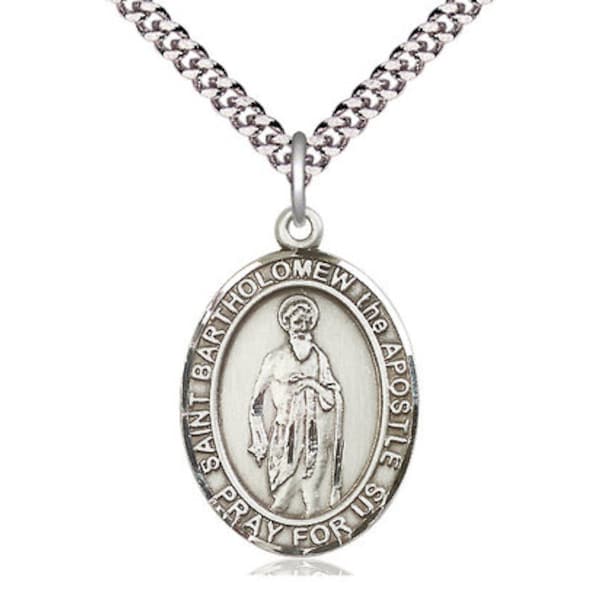 St Bartholomew the Apostle Sterling Silver Pendant on a 24 inch Light Rhodium Heavy Curb Chain.