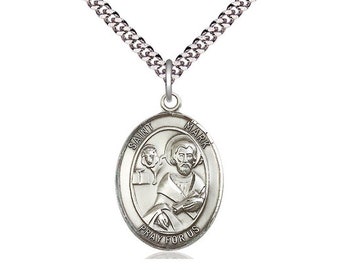 St Mark the Evangelist Sterling Silver Pendant on a 24 inch Light Rhodium Heavy Curb Chain.