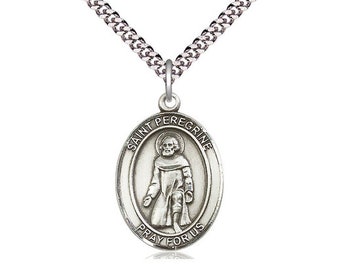 St Peregrine Laziosi Sterling Silver Pendant on a 24 inch Light Rhodium Heavy Curb Chain.