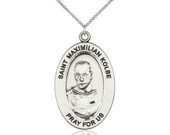 St. Maximilian Kolbe Sterling Silver Pendant on a 18 inch Sterling Silver Light Curb Chain.