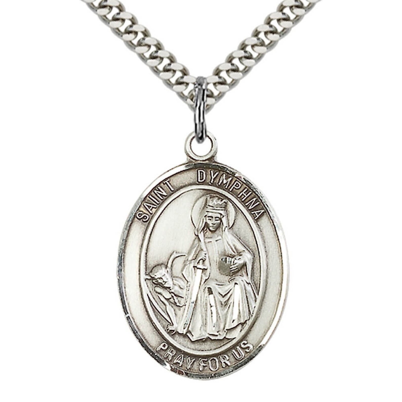 St Dymphna Sterling Silver Pendant on a 24 Inch Light Rhodium Heavy ...