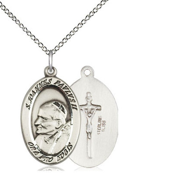 St John Paul II Vatican Sterling Silver Pendant on a 18 inch Sterling Silver Light Curb Chain.