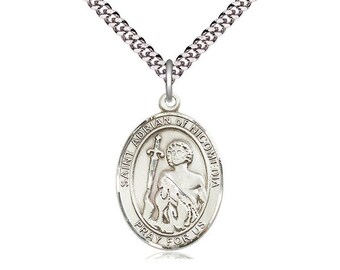 St Adrian of Nicomedia Sterling Silver Pendant on a 24 inch Light Rhodium Heavy Curb Chain.