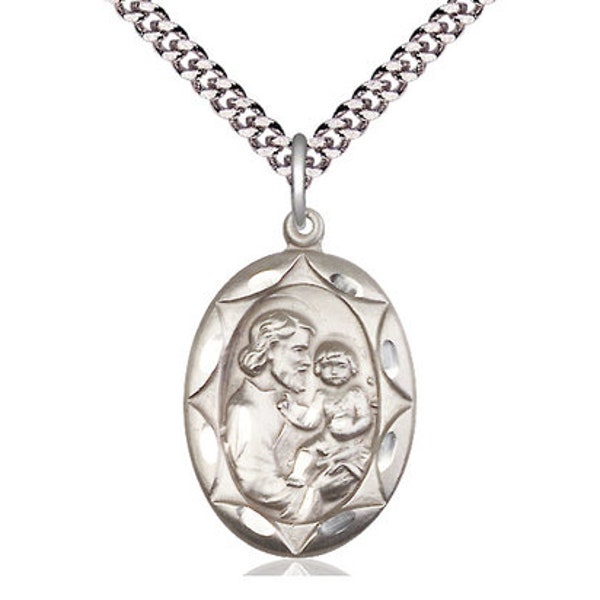 St Joseph Sterling Silver Pendant  on a 24 inch Light Rhodium Heavy Curb Chain.