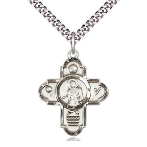 5-Way St Sebastian Sports Sterling Silver Pendant on a 24 inch Light Rhodium Heavy Curb Chain.
