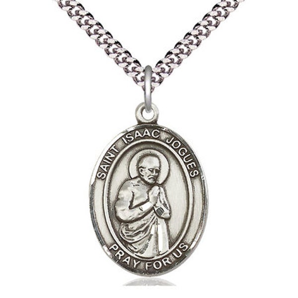 St Isaac Jogues Sterling Silver Pendant on a 24 inch Light Rhodium Heavy Curb Chain.