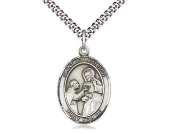 St John of God Sterling Silver Pendant on a 24 inch Light Rhodium Heavy Curb Chain.