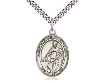 St Thomas of Villanova Sterling Silver Pendant on a 24 inch Light Rhodium Heavy Curb Chain.