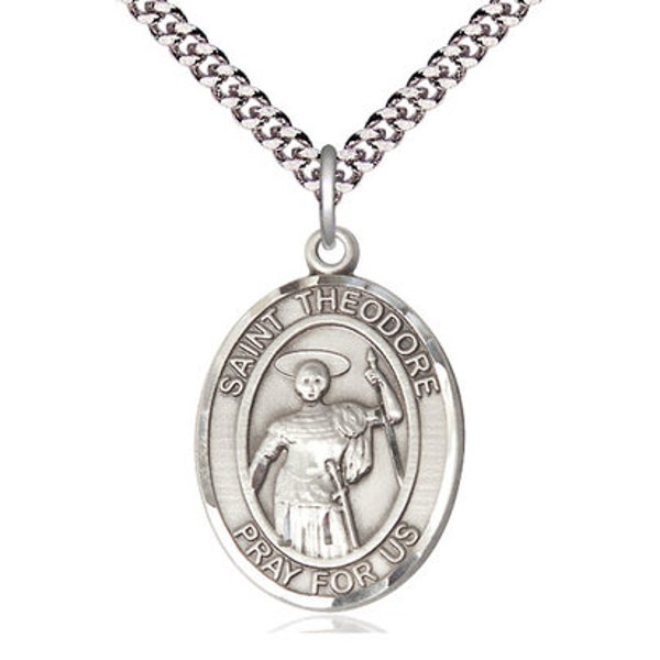 St Theodore Stratelates Sterling Silver Pendant on a 24 inch Light Rhodium Heavy Curb Chain.