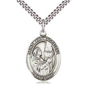 St Mary Magdalene Sterling Silver Pendant on a 24 inch Light Rhodium Heavy Curb Chain.