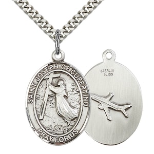 St Joseph of Cupertino Sterling Silver Pendant on a 24 inch Light Rhodium Heavy Curb Chain.