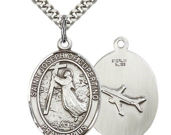 St Joseph of Cupertino Sterling Silver Pendant on a 24 inch Light Rhodium Heavy Curb Chain.