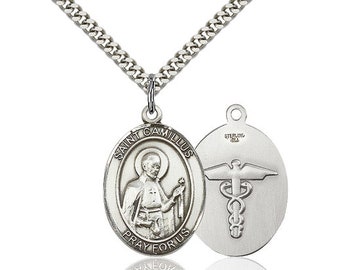 St Camillus of Lellis Nurse Sterling Silver Pendant  on a 24 inch Light Rhodium Heavy Curb Chain.
