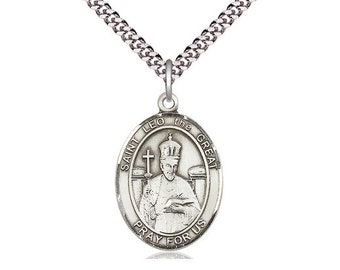 St Leo the Great Sterling Silver Pendant on a 24 inch Light Rhodium Heavy Curb Chain.
