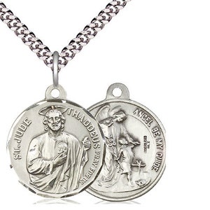 Saint Jude / Guardian Angel Sterling Silver Pendant on a 24 inch Light Rhodium Heavy Curb Chain.
