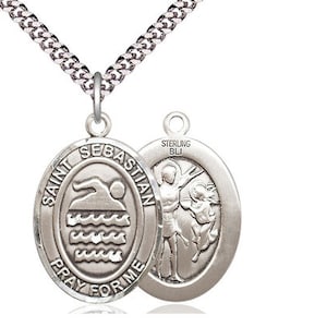 St Sebastian Swimming Sterling Silver Pendant on a 24 inch Light Rhodium Heavy Curb Chain.