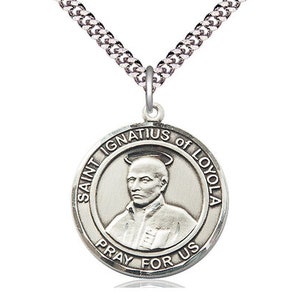 St Ignatius of Loyola Sterling Silver Pendant on a 24 inch Light Rhodium Heavy Curb Chain.
