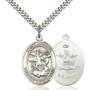 St Michael Army Sterling Silver Pendant on a 24 inch Light Rhodium Heavy Curb Chain.