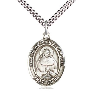 Marie Magdalen Postel Sterling Silver Pendant on a 24 inch Light Rhodium Heavy Curb Chain.