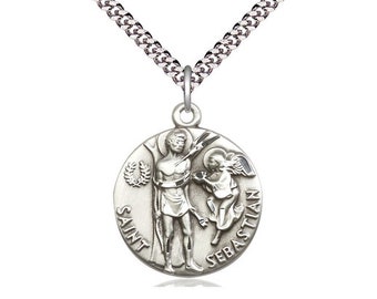 St Sebastian Sterling Silver Pendant on a 24 inch Light Rhodium Heavy Curb Chain.