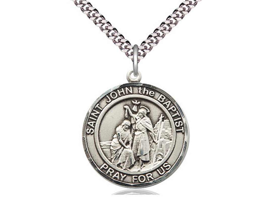 St John the Baptist Sterling Silver Pendant on a 24 Inch Light Rhodium ...